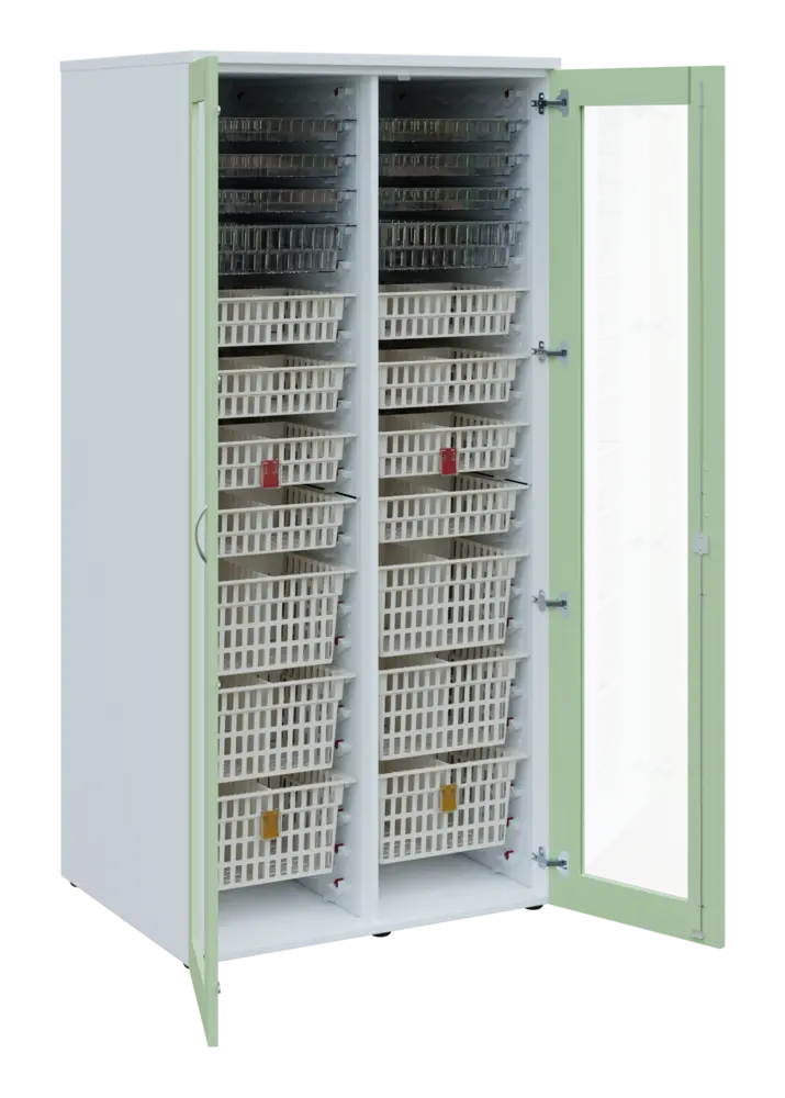 EUROMEDICA S - 90 skříň léková boxová, 2-dveřová/prosklená, 1950x900x735, korpus bílý, dvířka šedo-zelinkavá